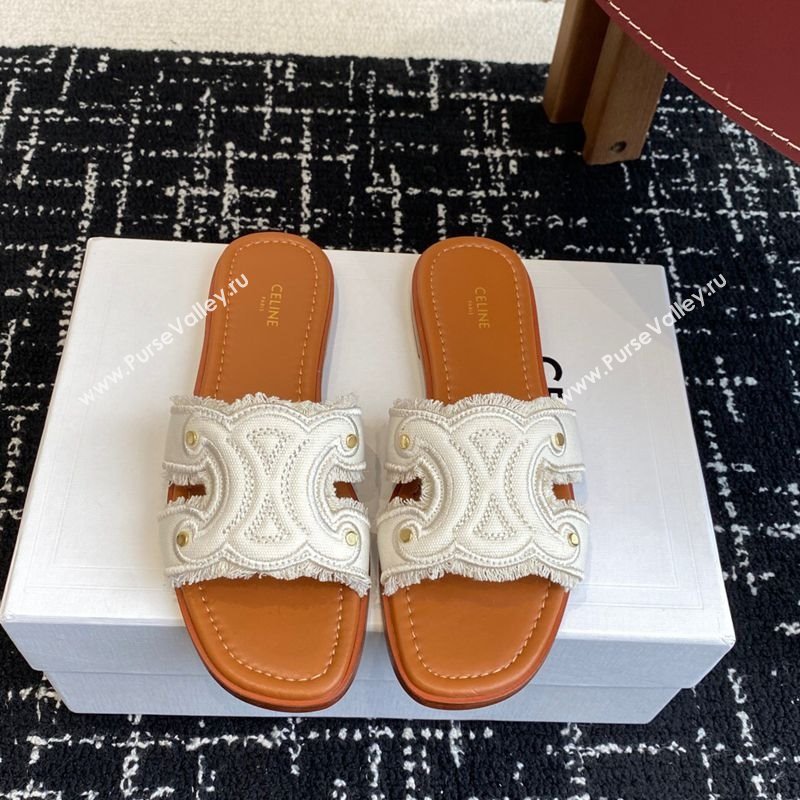 Celine Marina Fringed Flat Slides Sandal in Cotton Canvas White 2025 (SS-250709075)