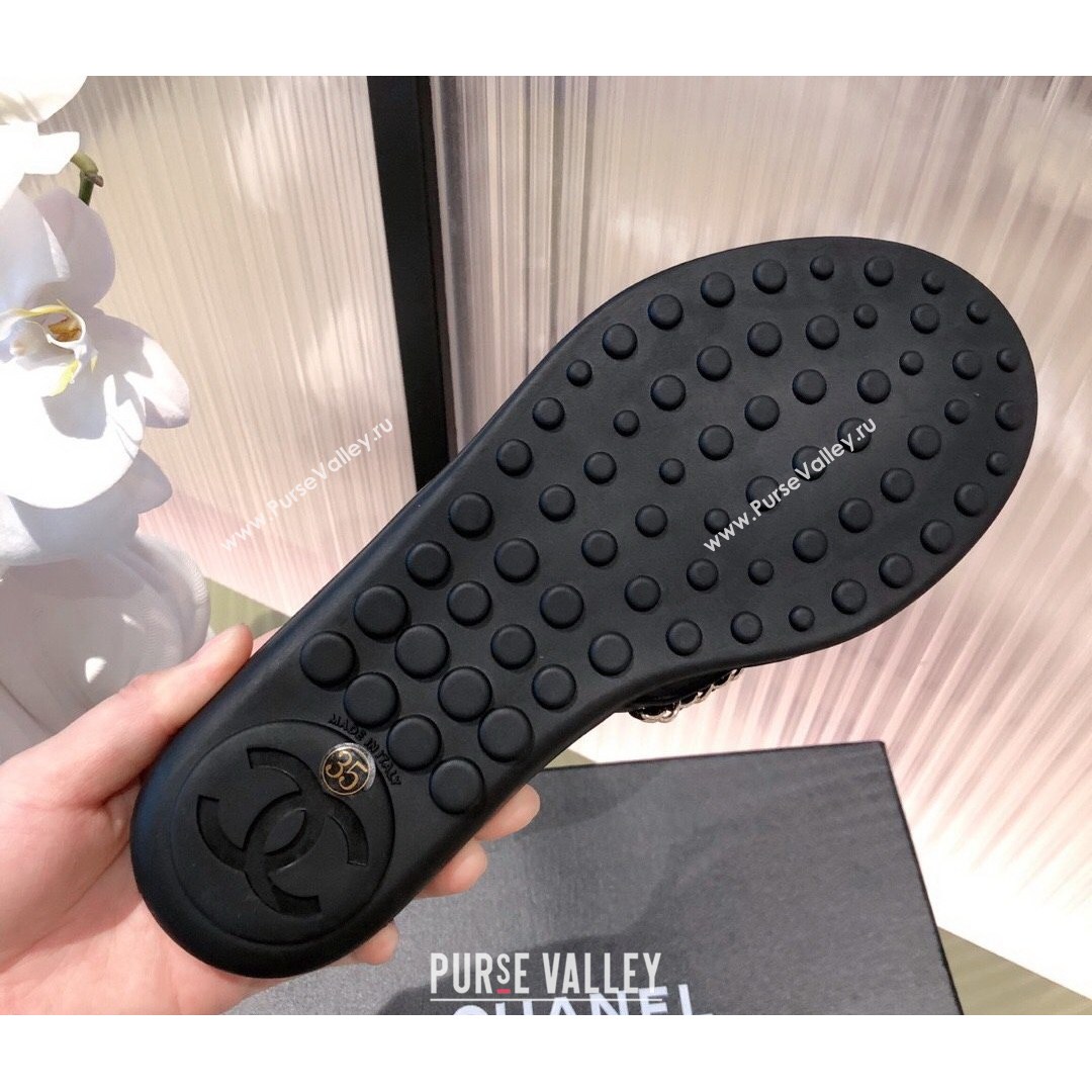 Chanel Leather Towel Chain Flat Thong Slide Sandals Black 2021 (KL-21081623)
