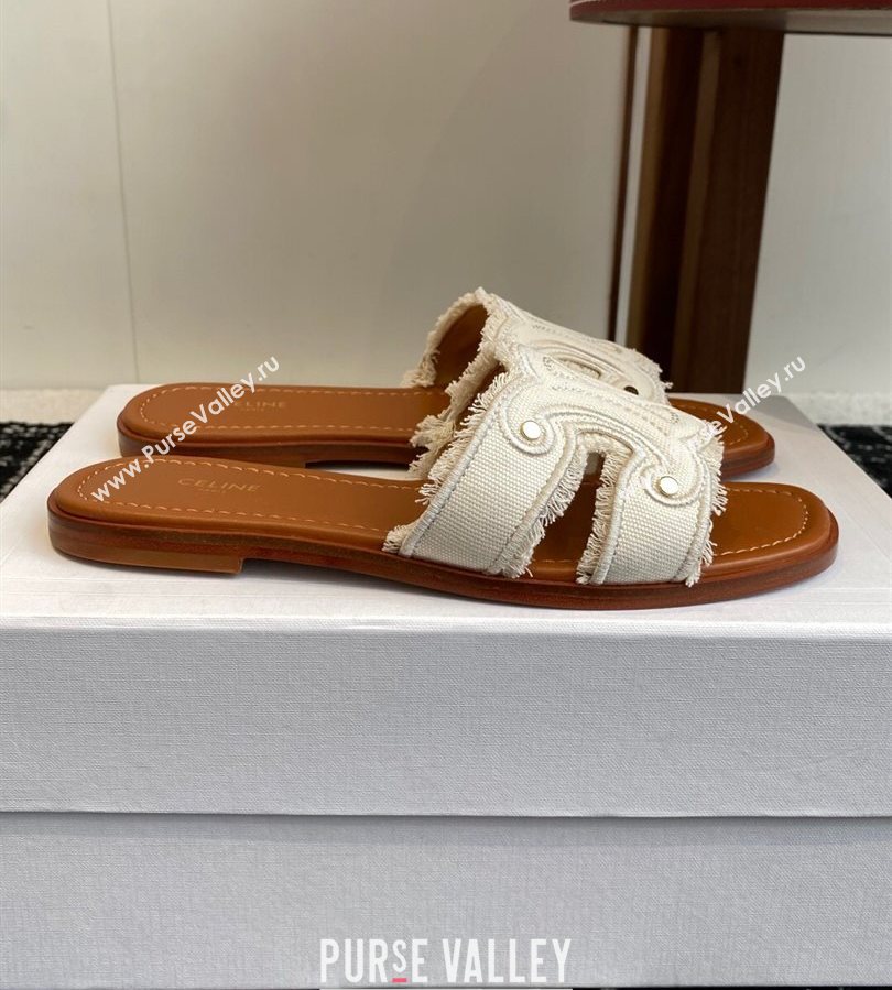 Celine Marina Fringed Flat Slides Sandal in Cotton Canvas White 2025 (SS-250709075)