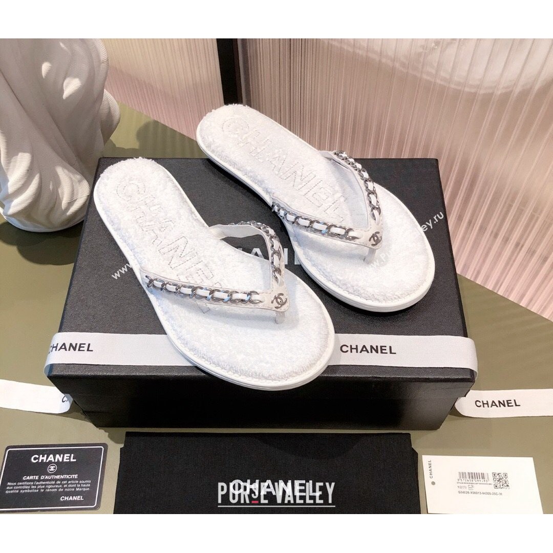 Chanel Leather Towel Chain Flat Thong Slide Sandals White 2021 (KL-21081624)