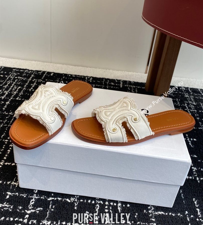 Celine Marina Fringed Flat Slides Sandal in Cotton Canvas White 2025 (SS-250709075)