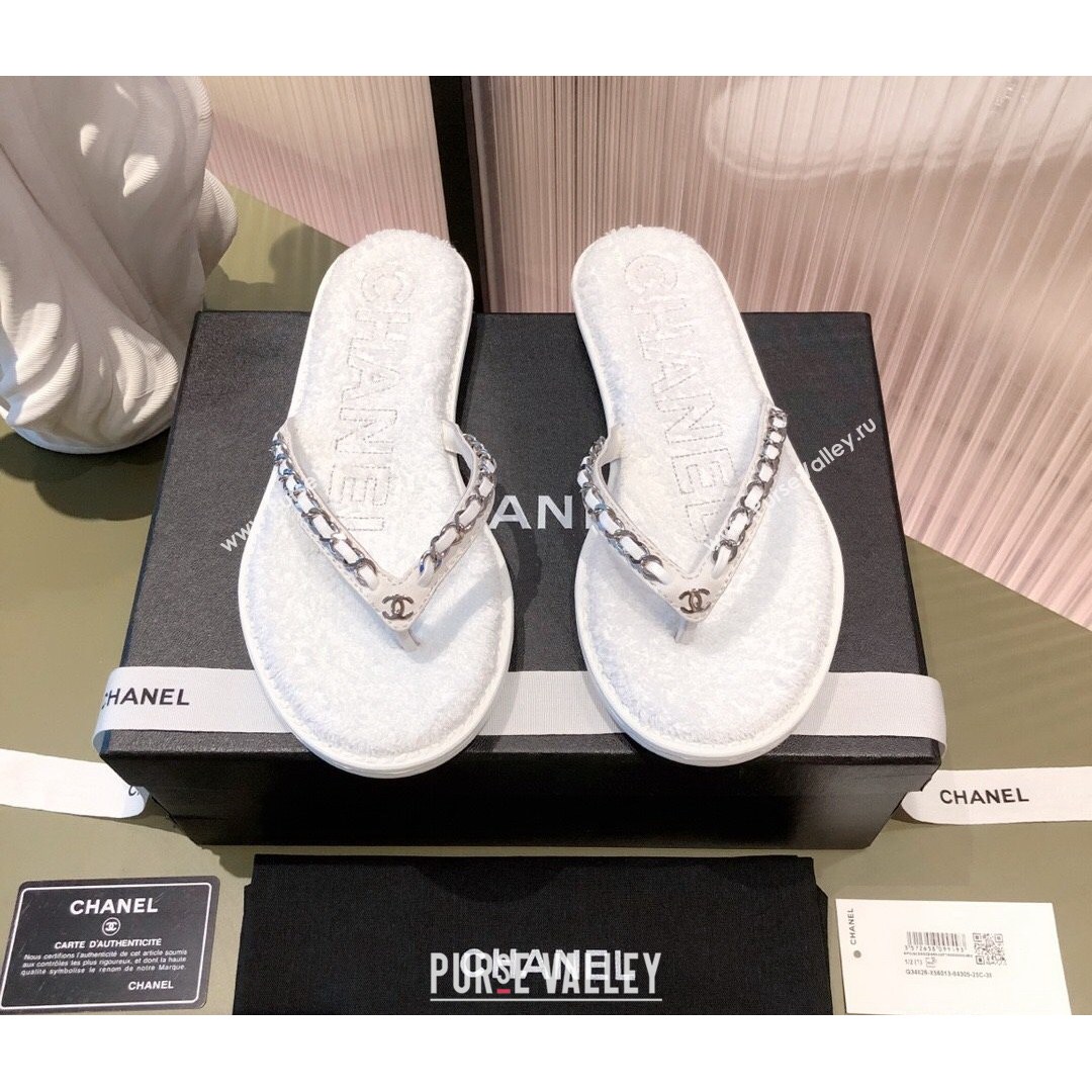 Chanel Leather Towel Chain Flat Thong Slide Sandals White 2021 (KL-21081624)