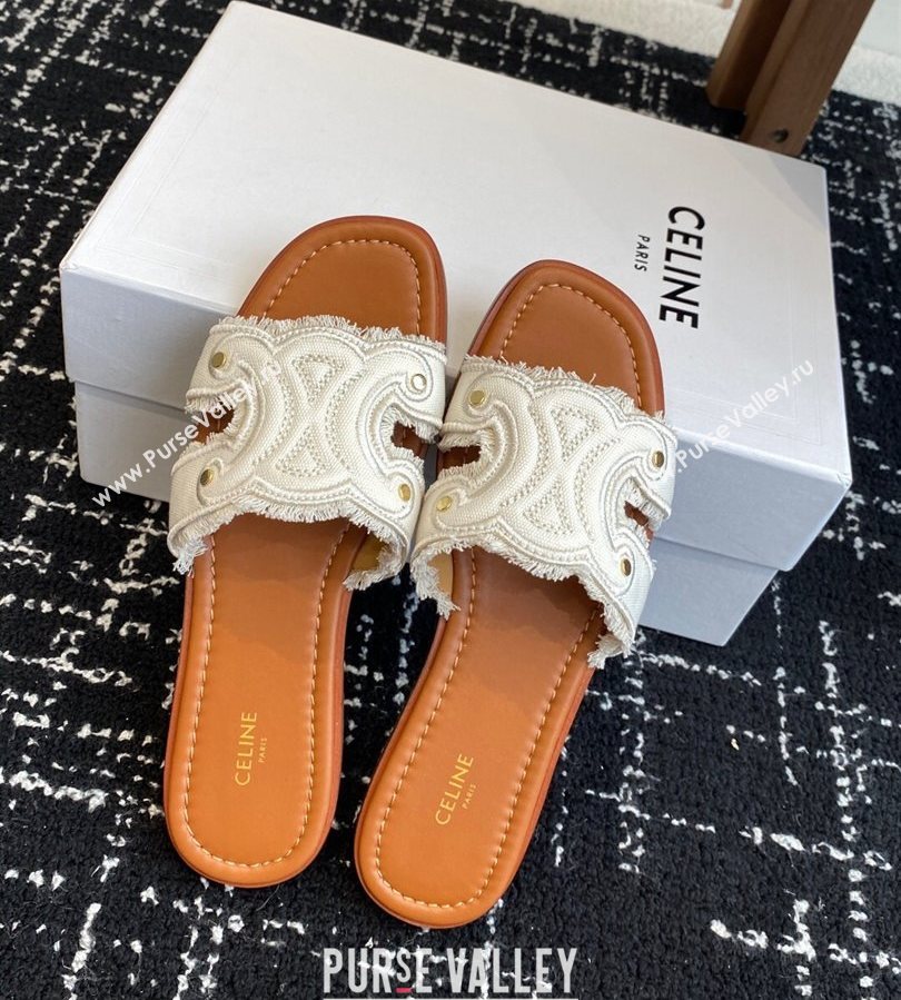 Celine Marina Fringed Flat Slides Sandal in Cotton Canvas White 2025 (SS-250709075)