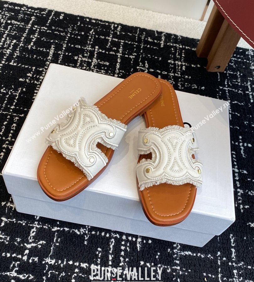 Celine Marina Fringed Flat Slides Sandal in Cotton Canvas White 2025 (SS-250709075)