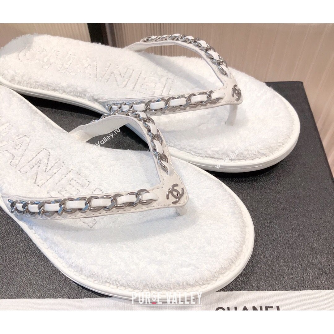 Chanel Leather Towel Chain Flat Thong Slide Sandals White 2021 (KL-21081624)