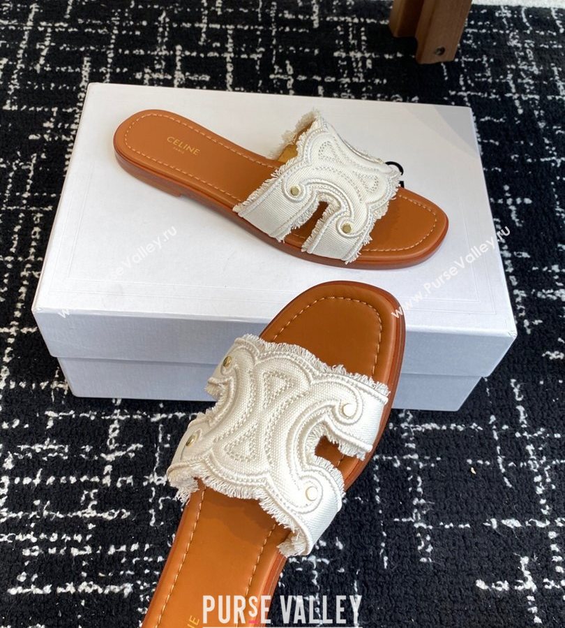 Celine Marina Fringed Flat Slides Sandal in Cotton Canvas White 2025 (SS-250709075)