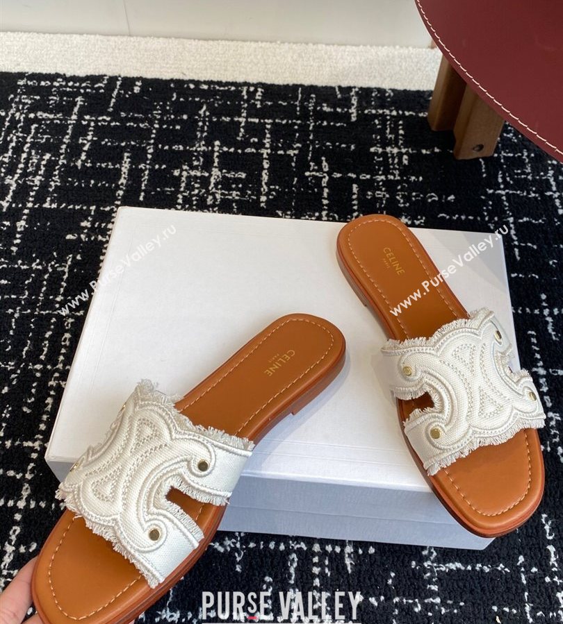 Celine Marina Fringed Flat Slides Sandal in Cotton Canvas White 2025 (SS-250709075)