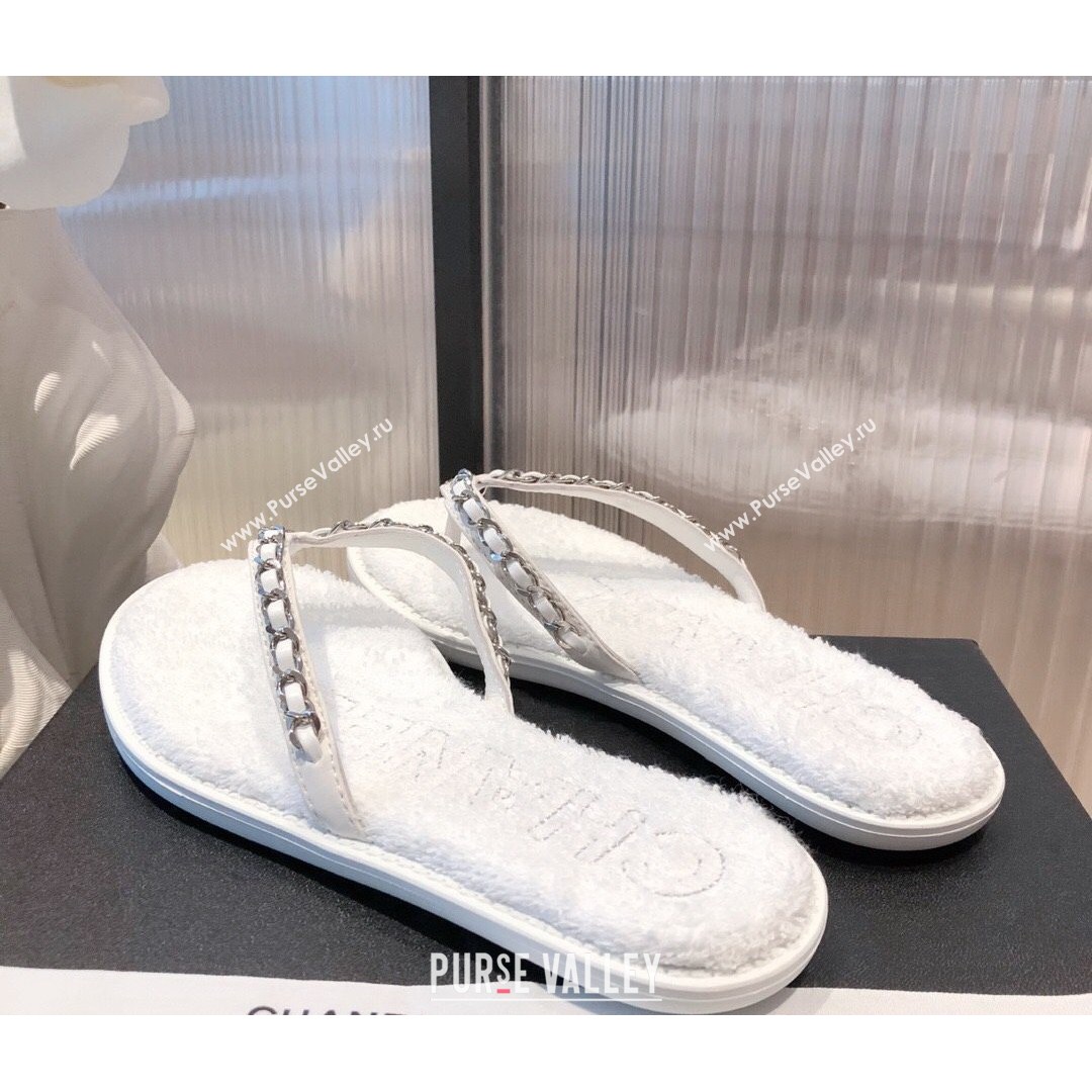 Chanel Leather Towel Chain Flat Thong Slide Sandals White 2021 (KL-21081624)