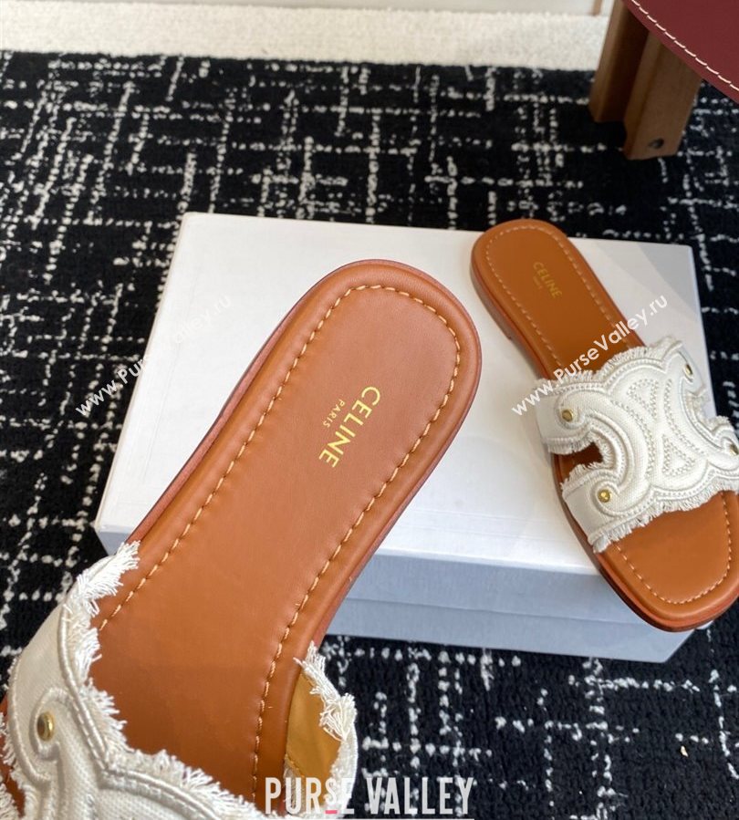 Celine Marina Fringed Flat Slides Sandal in Cotton Canvas White 2025 (SS-250709075)
