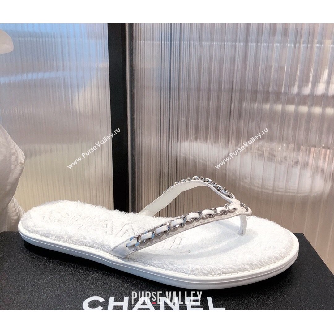 Chanel Leather Towel Chain Flat Thong Slide Sandals White 2021 (KL-21081624)