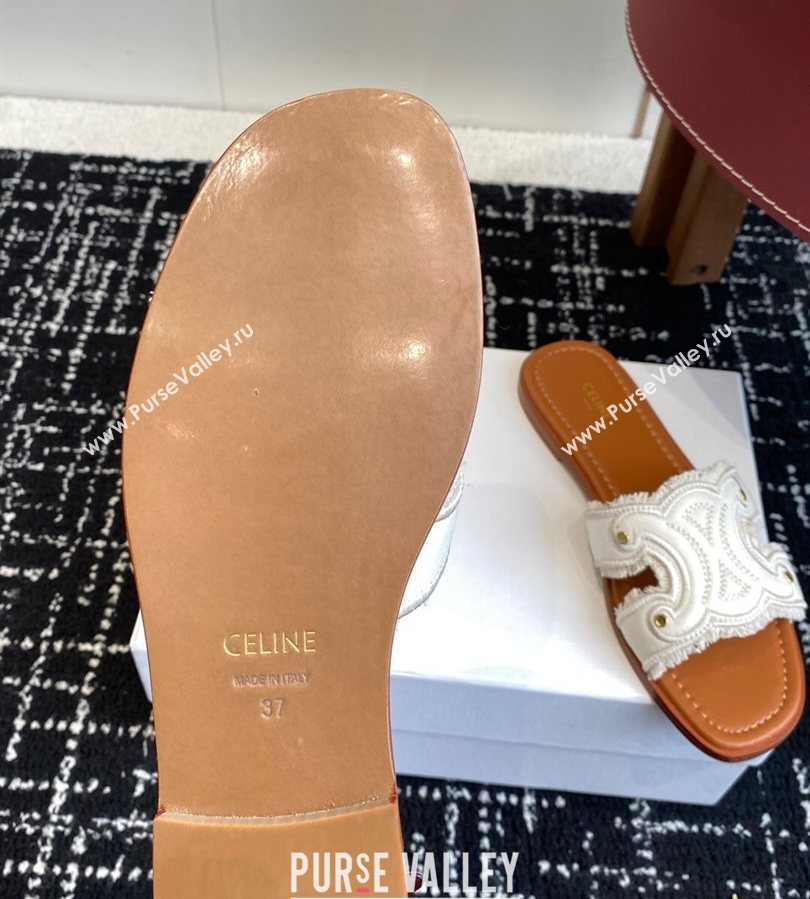 Celine Marina Fringed Flat Slides Sandal in Cotton Canvas White 2025 (SS-250709075)