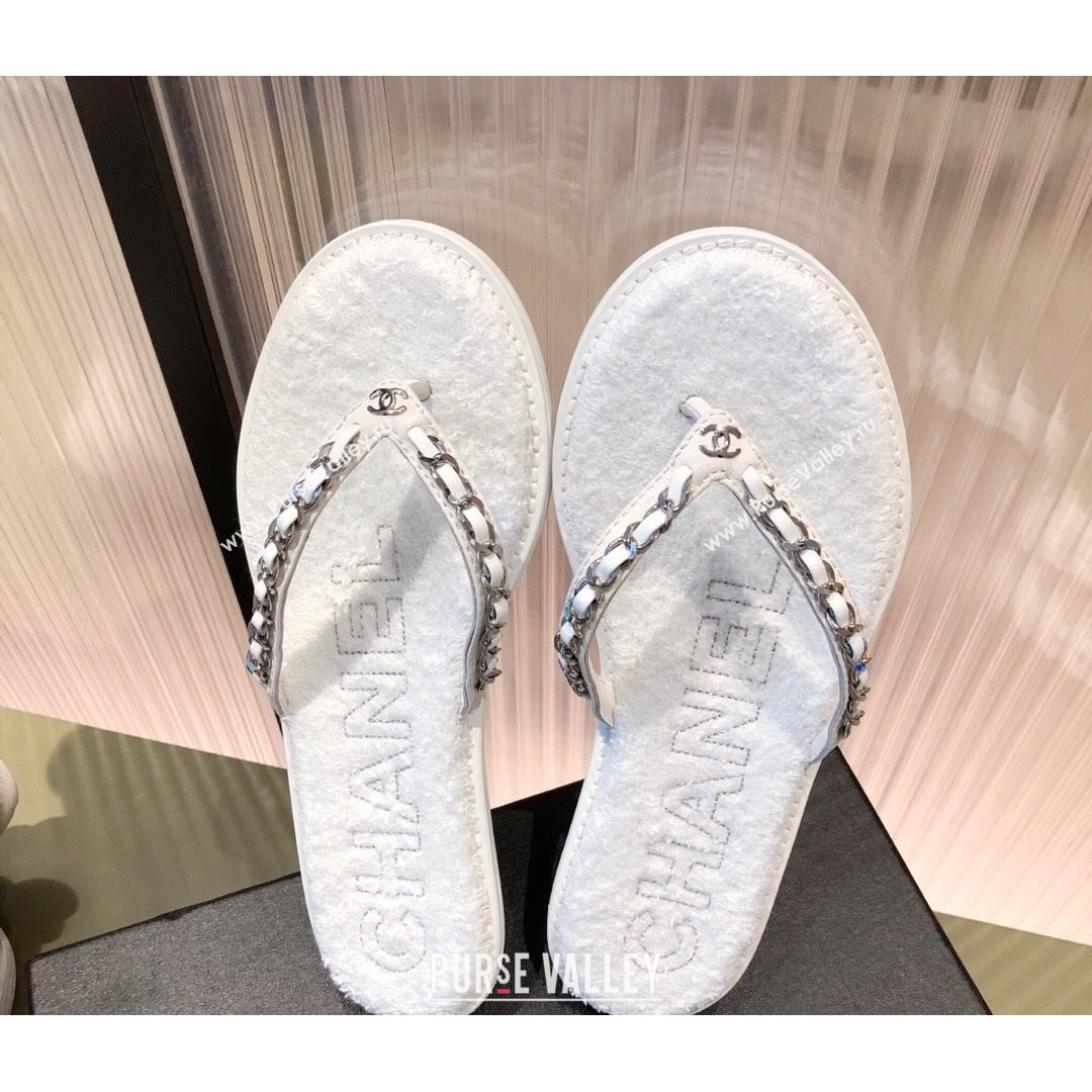 Chanel Leather Towel Chain Flat Thong Slide Sandals White 2021 (KL-21081624)