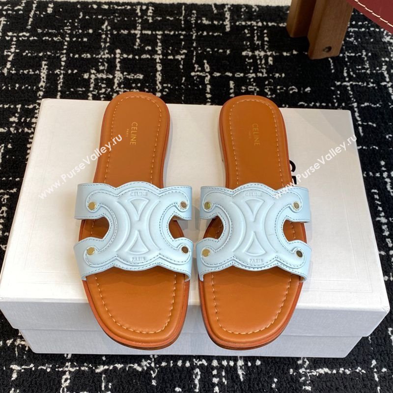 Celine Marina Flat Slides Sandal in Calfskin Leather Light Blue 2025 (SS-250709076)