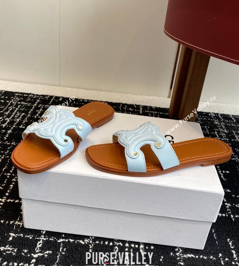 Celine Marina Flat Slides Sandal in Calfskin Leather Light Blue 2025 (SS-250709076)