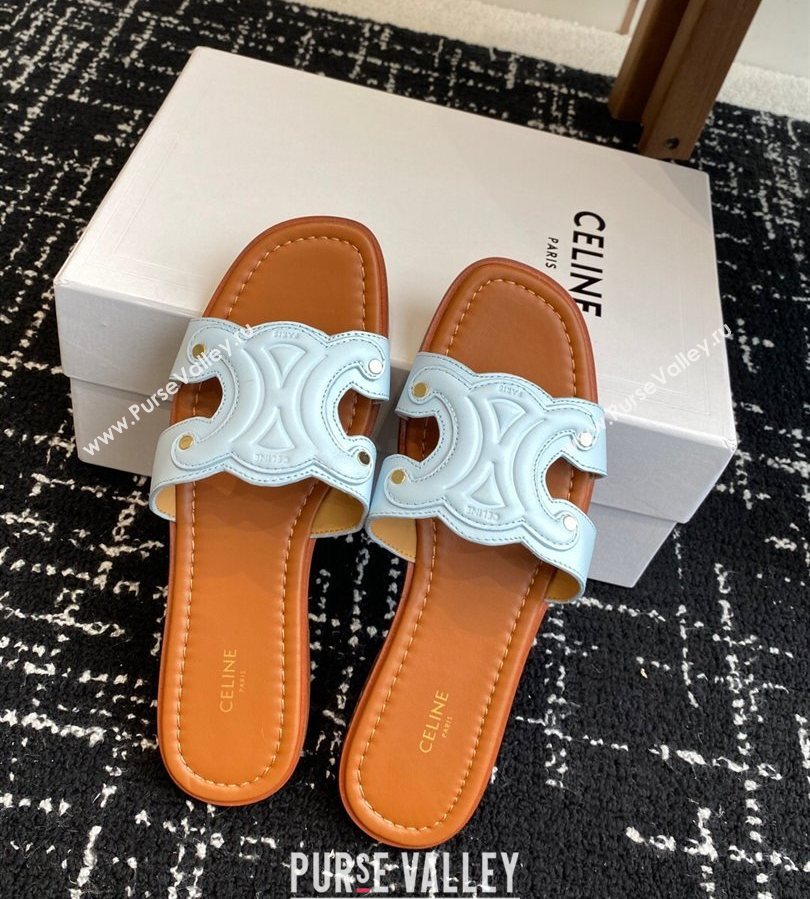 Celine Marina Flat Slides Sandal in Calfskin Leather Light Blue 2025 (SS-250709076)
