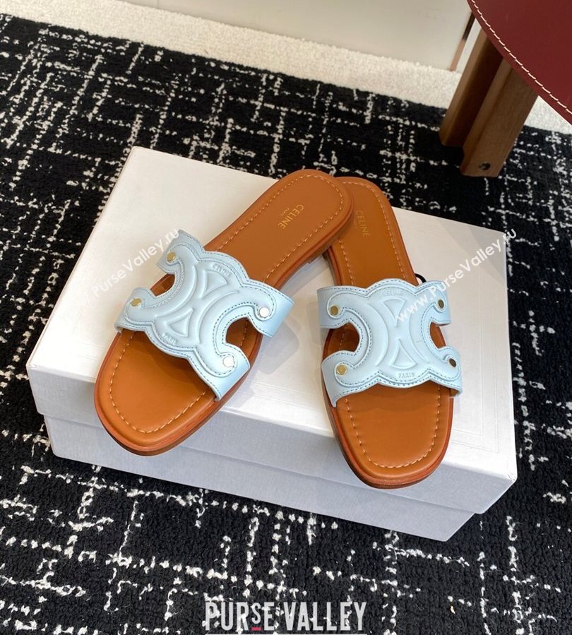 Celine Marina Flat Slides Sandal in Calfskin Leather Light Blue 2025 (SS-250709076)