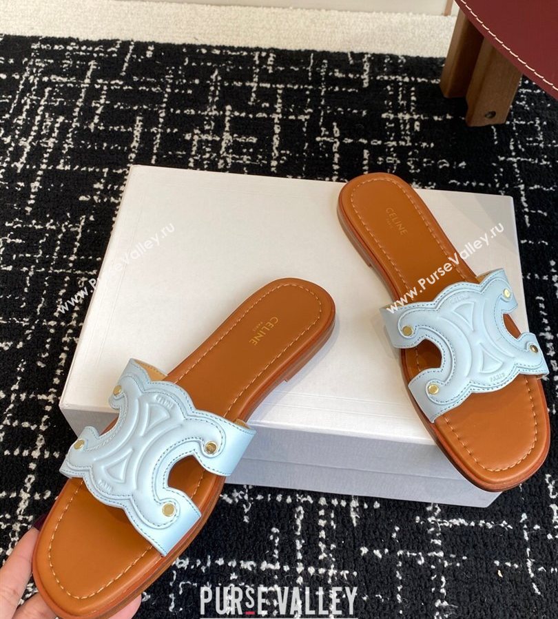 Celine Marina Flat Slides Sandal in Calfskin Leather Light Blue 2025 (SS-250709076)