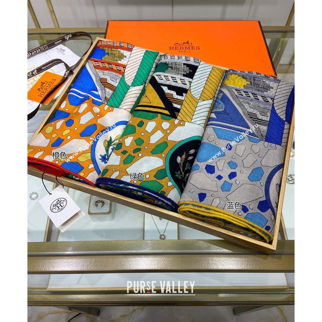 Hermes La Danse des Amazones shawl 140 Cashmere and Silk Scarf Blue/Orange 2021 (A-210904052)