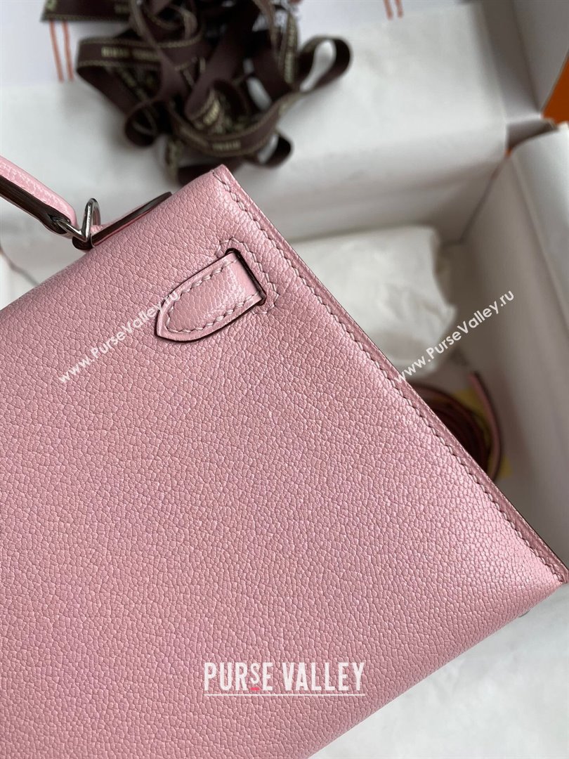 Hermes Mini Kelly II Bag 19cm in Original Chevre Leather 3Q Pink/Silver 2024 (Full Handmade) (XYA-24022902)