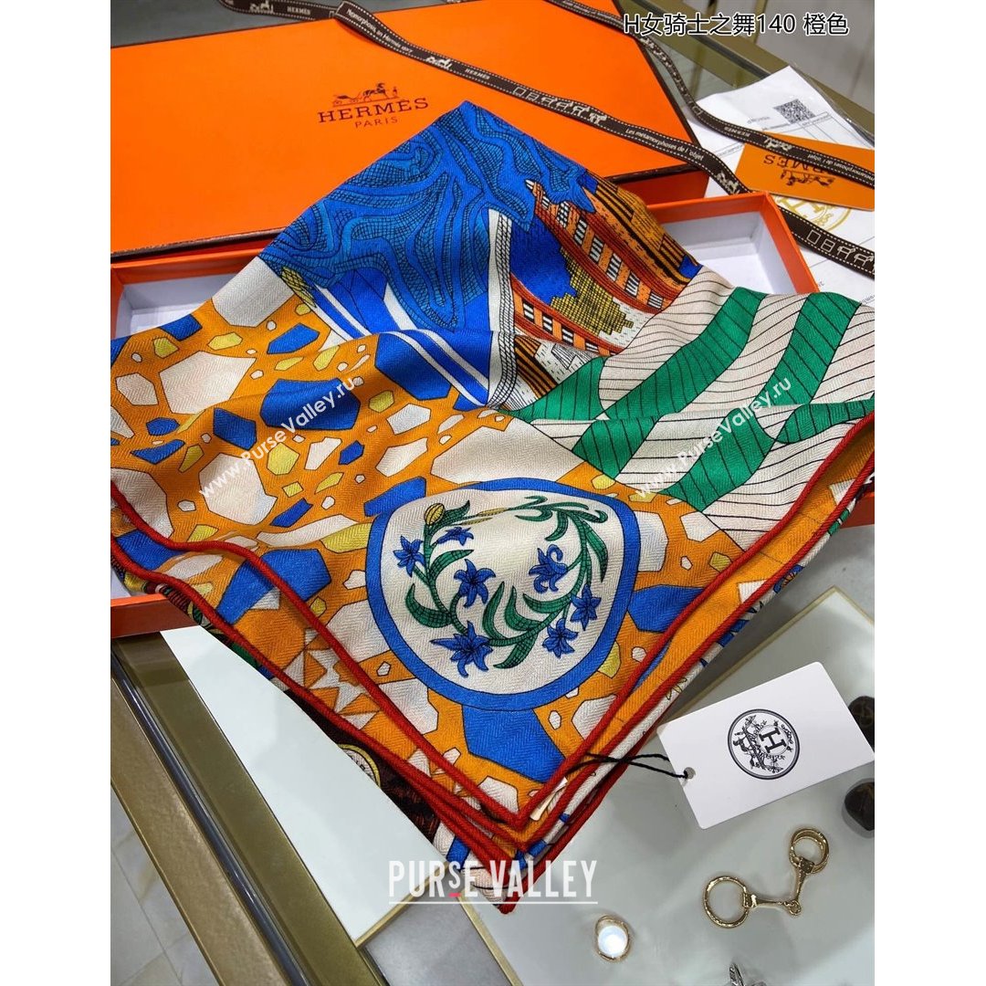 Hermes La Danse des Amazones shawl 140 Cashmere and Silk Scarf Blue/Orange 2021 (A-210904052)