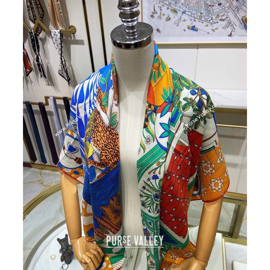 Hermes La Danse des Amazones shawl 140 Cashmere and Silk Scarf Blue/Orange 2021 (A-210904052)