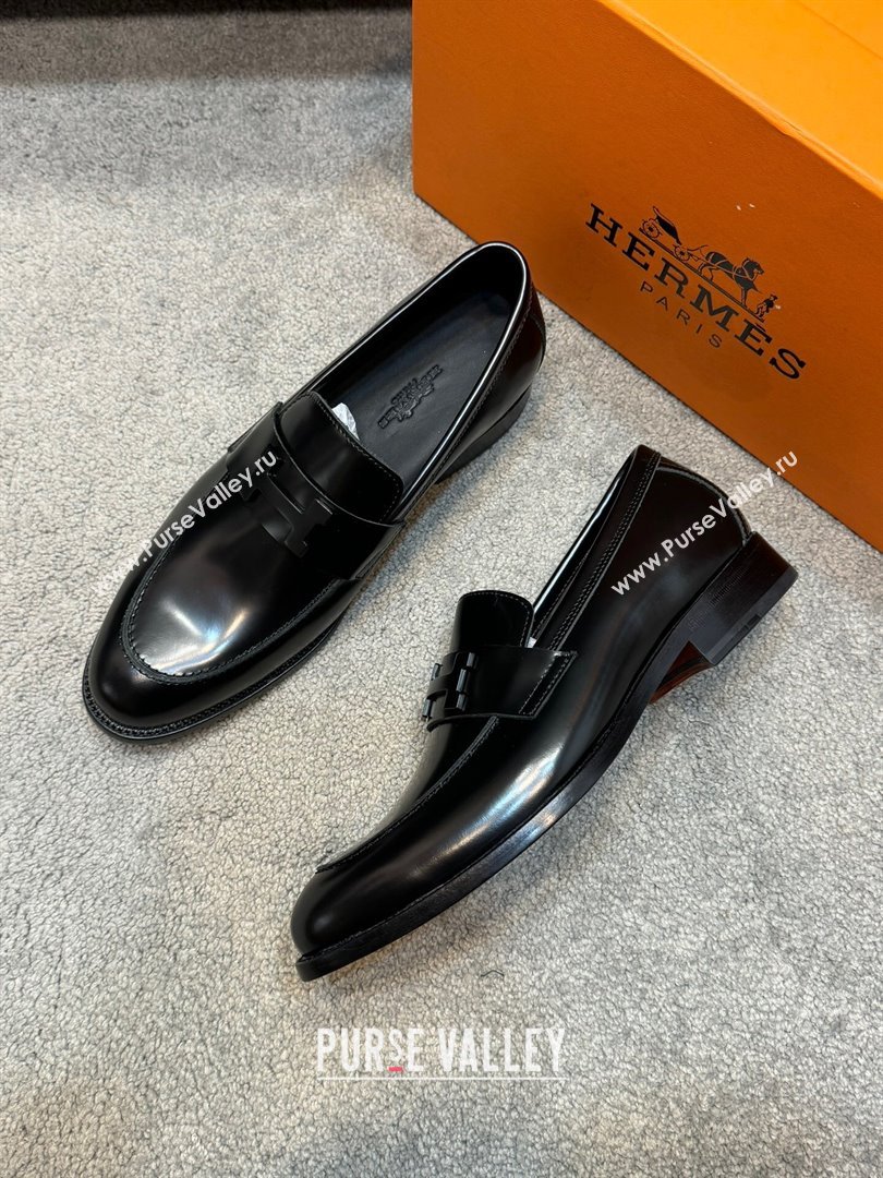 Hermes Mens Pairs Loafer in Brushed Calfskin Black 02 2024 (SHH-24092102)