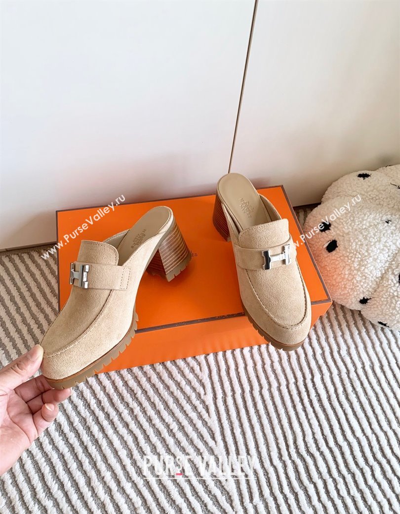 Hermes Flore Suede Heel Mules Beige 2025 (MD-250226139)