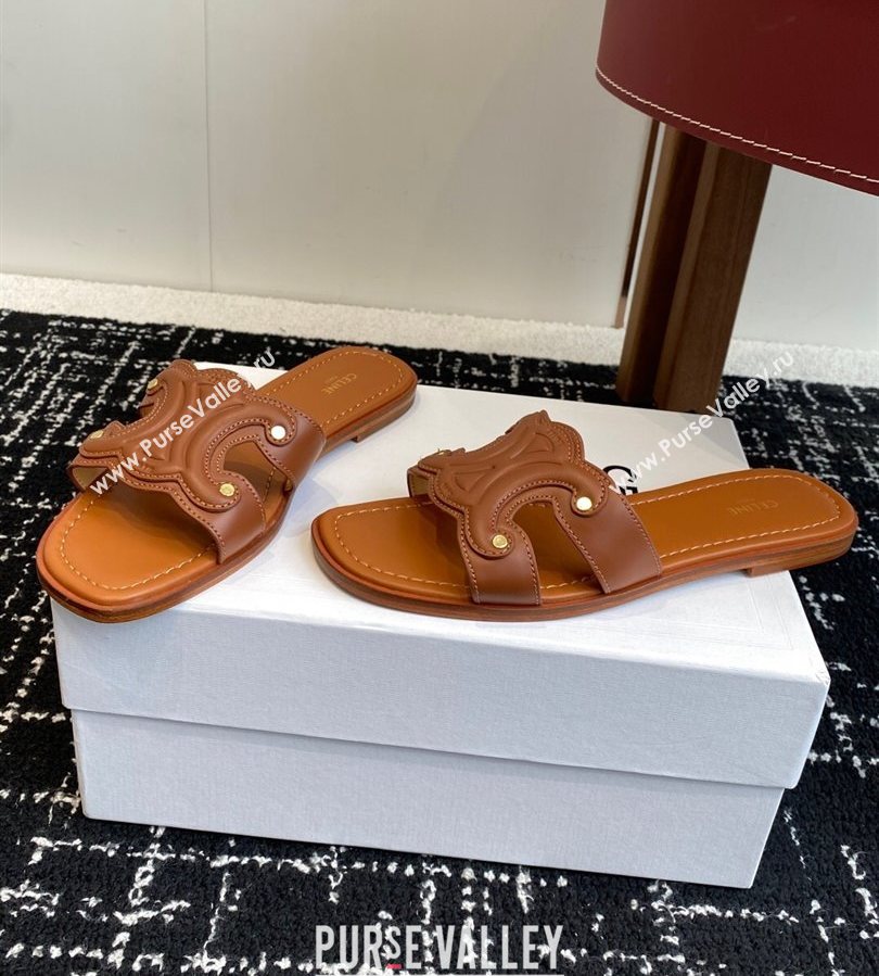 Celine Marina Flat Slides Sandal in Calfskin Leather Brown 2025 (SS-250709078)