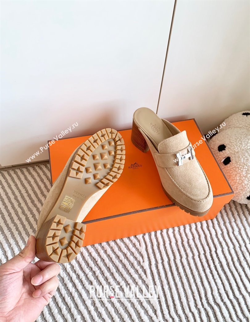 Hermes Flore Suede Heel Mules Beige 2025 (MD-250226139)