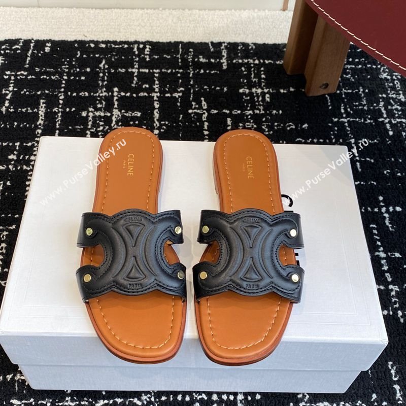 Celine Marina Flat Slides Sandal in Calfskin Leather Black 2025 (SS-250709079)