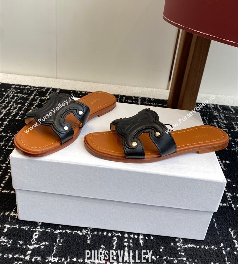 Celine Marina Flat Slides Sandal in Calfskin Leather Black 2025 (SS-250709079)