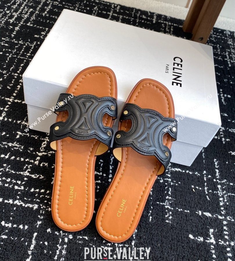 Celine Marina Flat Slides Sandal in Calfskin Leather Black 2025 (SS-250709079)