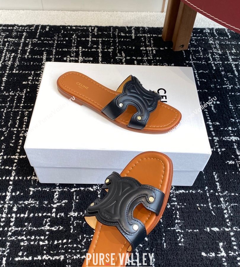 Celine Marina Flat Slides Sandal in Calfskin Leather Black 2025 (SS-250709079)