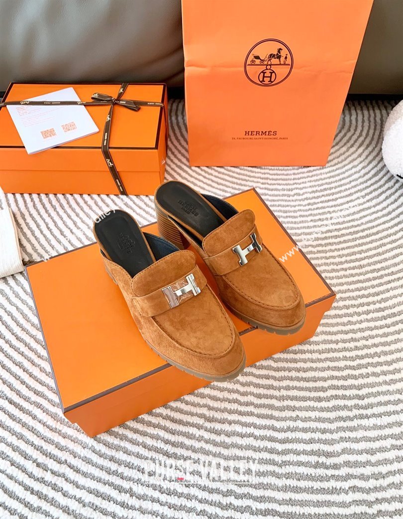 Hermes Flore Suede Heel Mules Brown 2025 (MD-250226141)