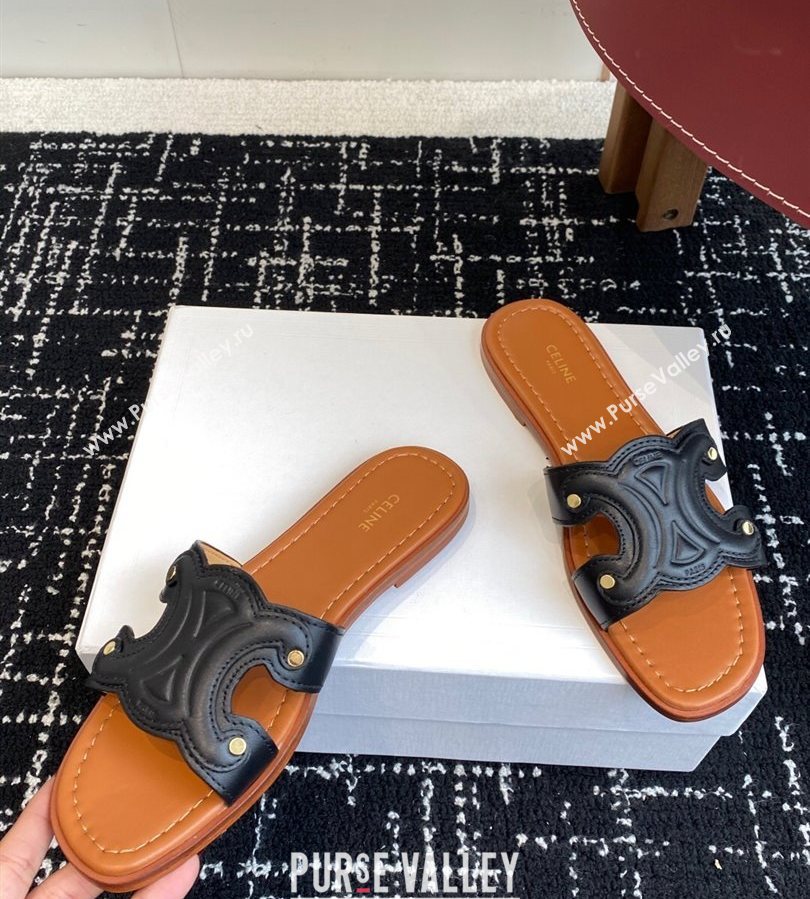 Celine Marina Flat Slides Sandal in Calfskin Leather Black 2025 (SS-250709079)