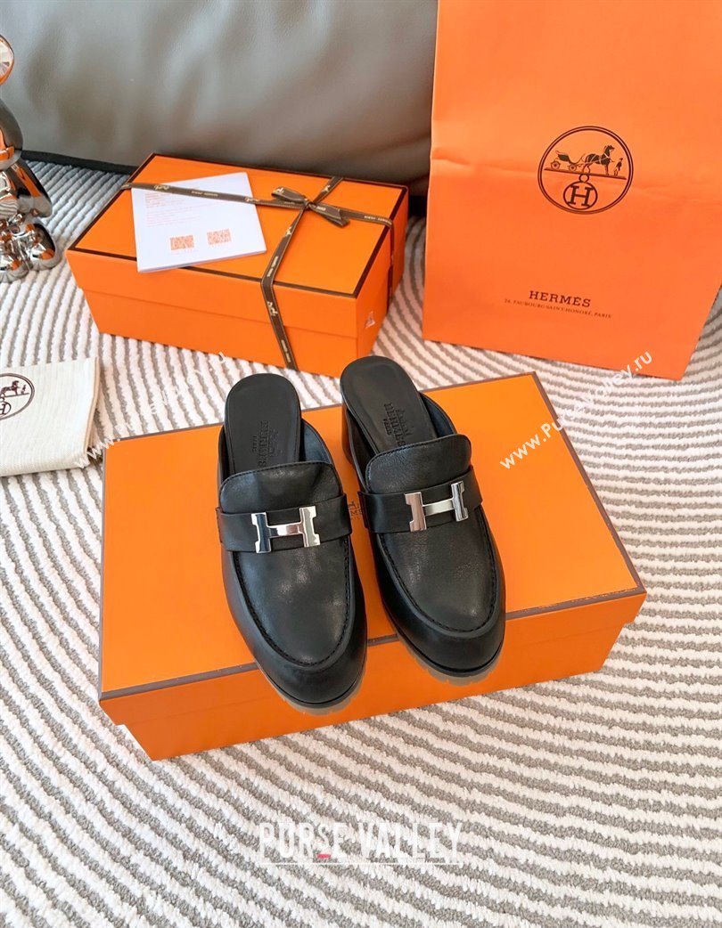 Hermes Flore Calfskin Heel Mules Black 2025 (MD-250226142)