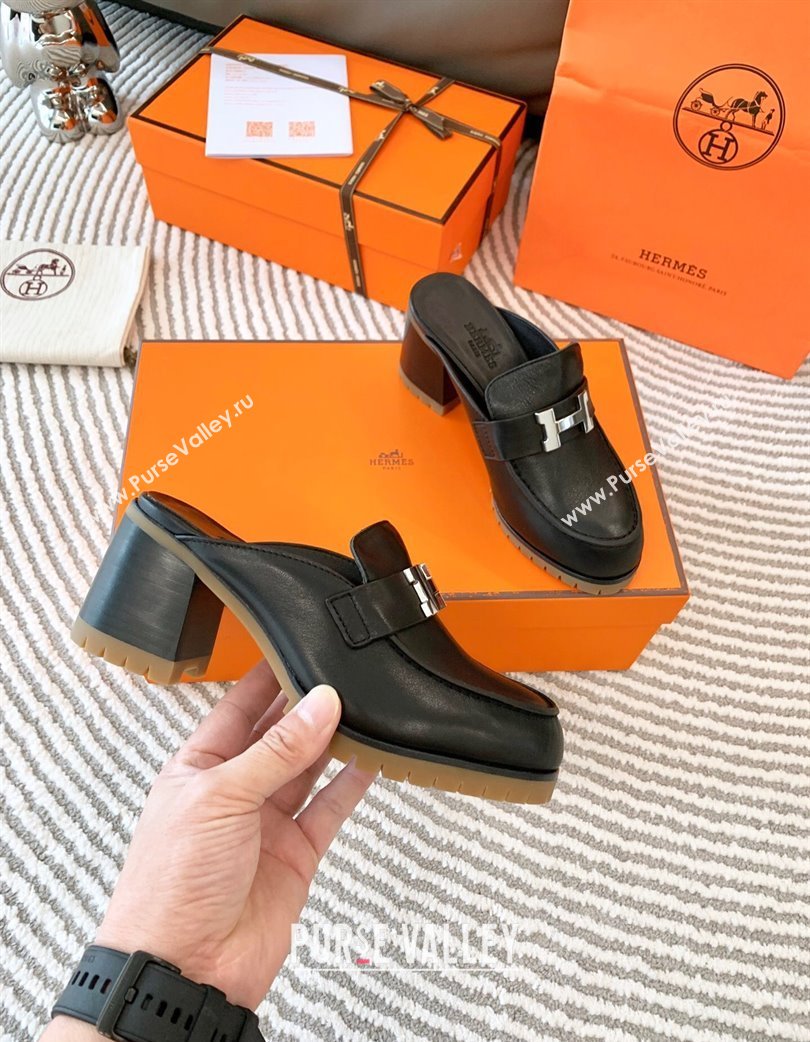 Hermes Flore Calfskin Heel Mules Black 2025 (MD-250226142)