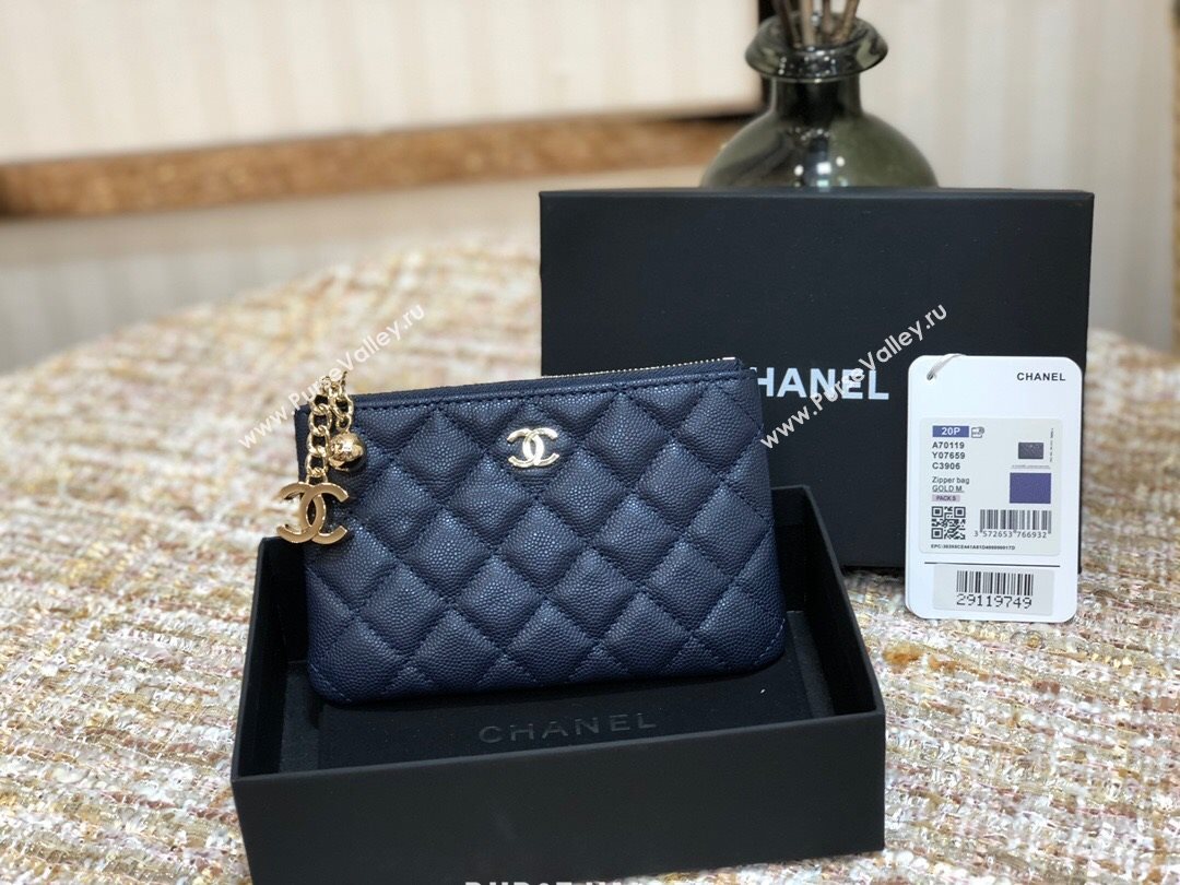 Chanel Grained Calfskin Mini Pouch with Charm A70119 Navy Blue CP01 2021  (JY-21031728)