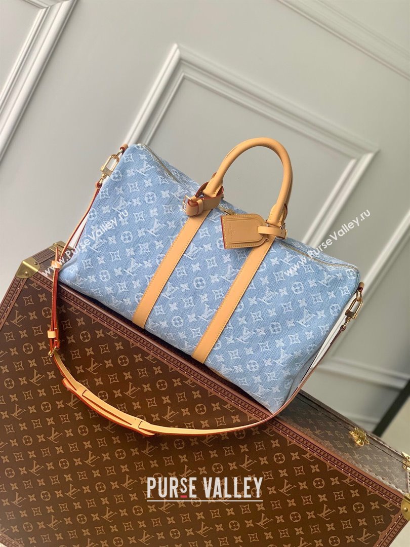 Louis Vuitton Keepall Bandouliere 45 Bag in Monogram Denim 100% GOTS-certified M25334 Blue 2024 (K-24061204)