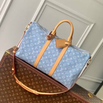 Louis Vuitton Keepall Bandouliere 45 Bag in Monogram Denim 100% GOTS-certified M25334 Blue 2024 (K-24061204)