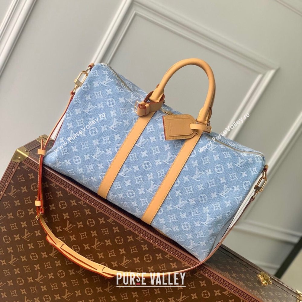 Louis Vuitton Keepall Bandouliere 45 Bag in Monogram Denim 100% GOTS-certified M25334 Blue 2024 (K-24061204)