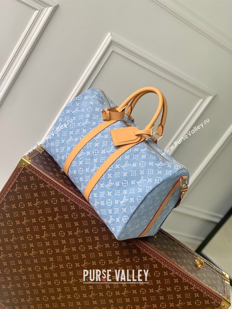 Louis Vuitton Keepall Bandouliere 45 Bag in Monogram Denim 100% GOTS-certified M25334 Blue 2024 (K-24061204)