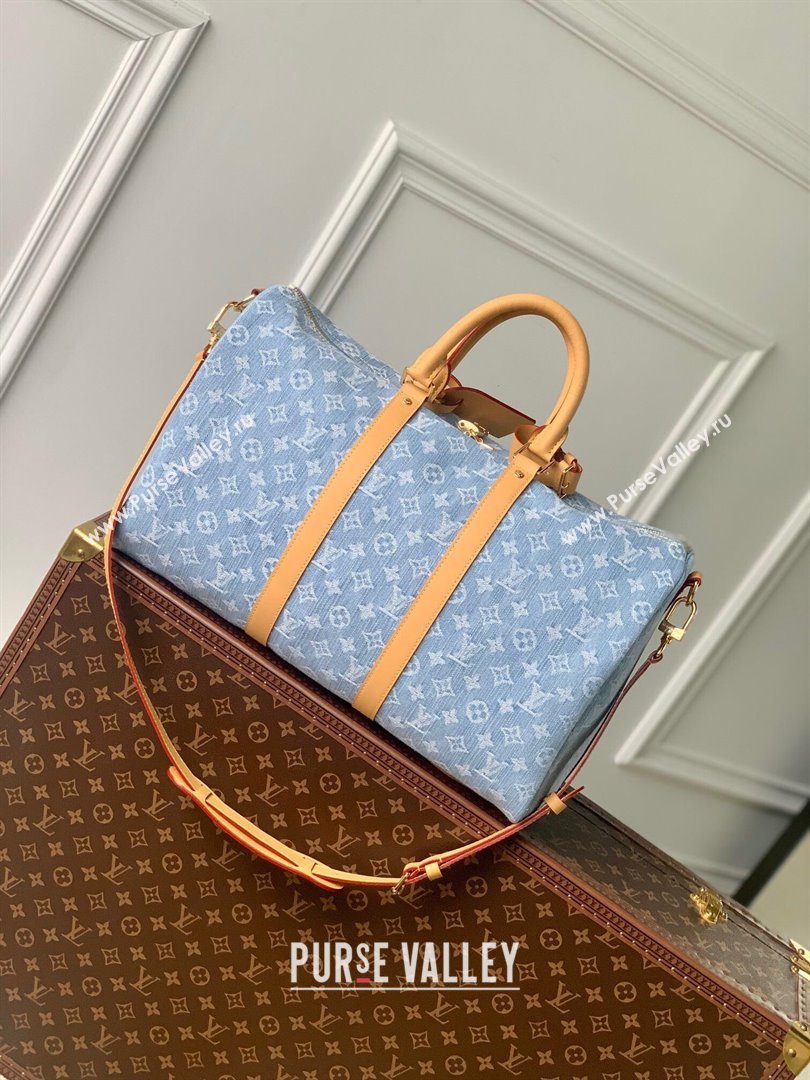 Louis Vuitton Keepall Bandouliere 45 Bag in Monogram Denim 100% GOTS-certified M25334 Blue 2024 (K-24061204)