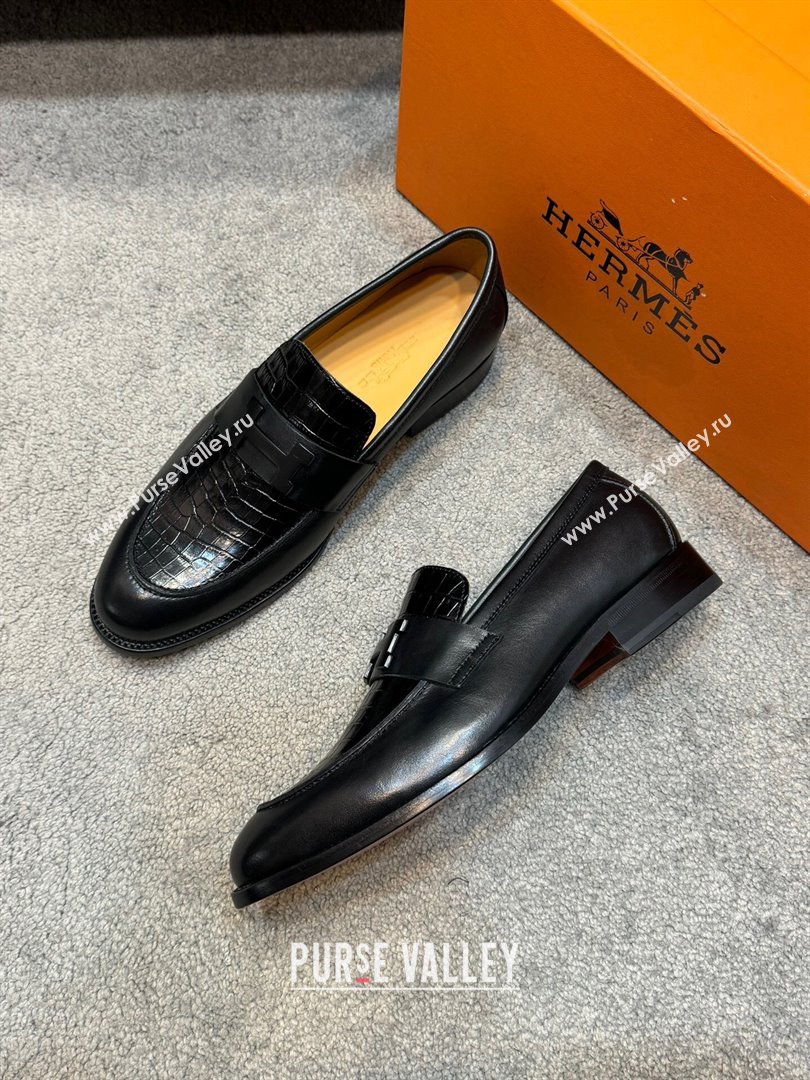 Hermes Mens Pairs Loafer in Croco Pattern Calfskin Black 2024 (SHH-24092106)