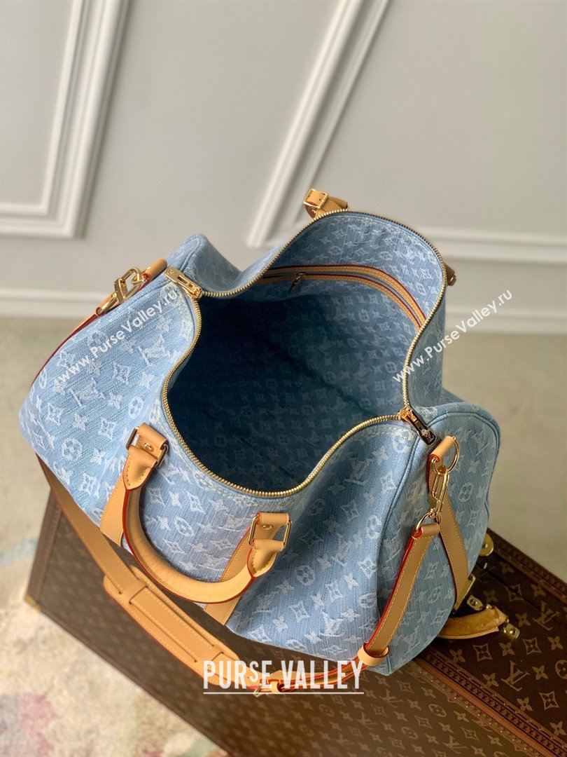 Louis Vuitton Keepall Bandouliere 45 Bag in Monogram Denim 100% GOTS-certified M25334 Blue 2024 (K-24061204)