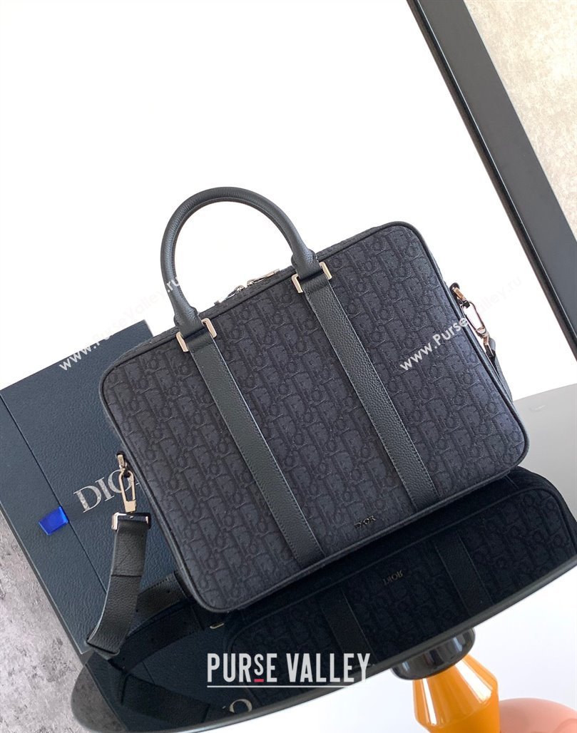 Dior Mens Zipped Briefcase in Black Dior Oblique Jacquard and Black Grained Calfskin H03E 2024 (XXG-24110805)