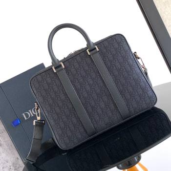 Dior Mens Zipped Briefcase in Black Dior Oblique Jacquard and Black Grained Calfskin H03E 2024 (XXG-24110805)