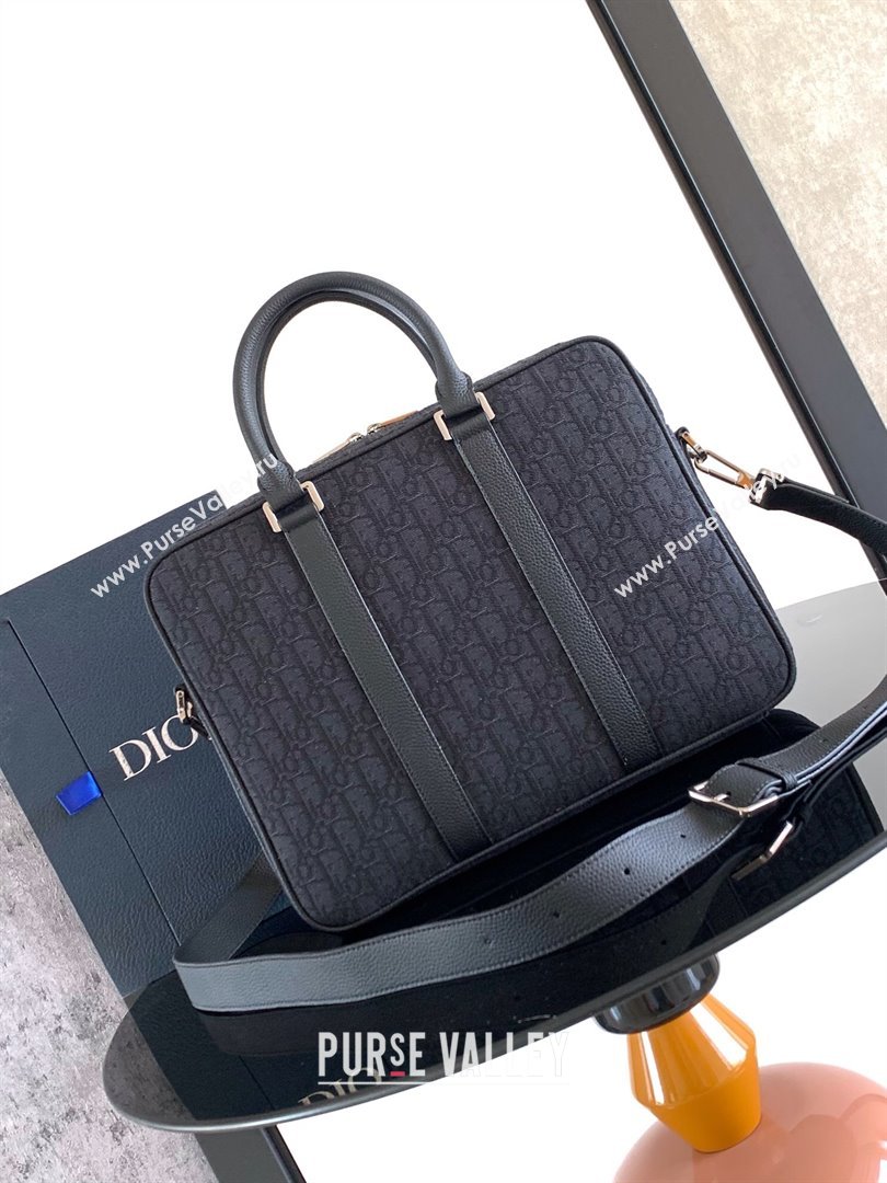 Dior Mens Zipped Briefcase in Black Dior Oblique Jacquard and Black Grained Calfskin H03E 2024 (XXG-24110805)