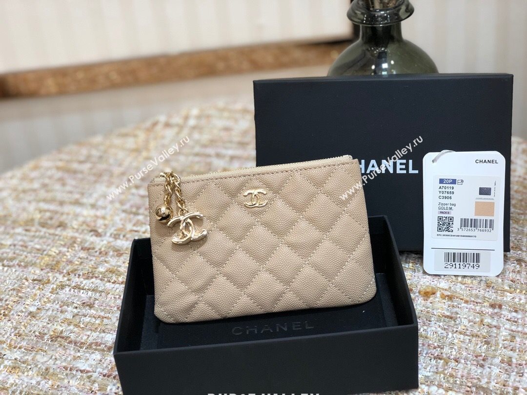 Chanel Grained Calfskin Mini Pouch with Charm A70119 Beige CP04 2021  (JY-21031731)