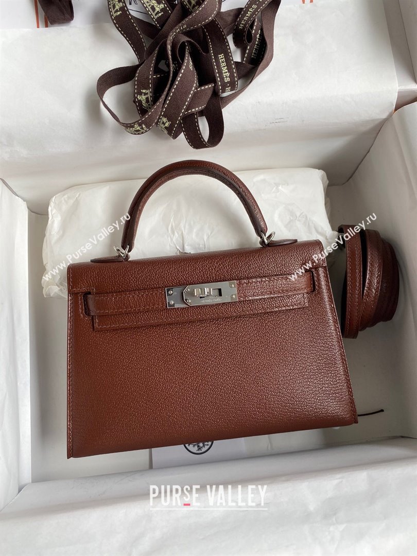 Hermes Mini Kelly II Bag 19cm in Original Chevre Leather Brown/Silver 2024 (XYA-24022911)